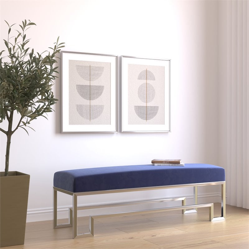 Eden Home Modern Steel and Velvet Bench in Silver and Navy Finish