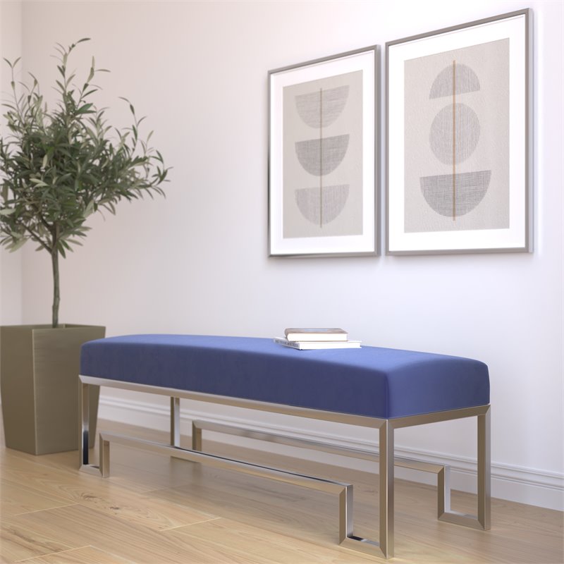 Eden Home Modern Steel and Velvet Bench in Silver and Navy Finish
