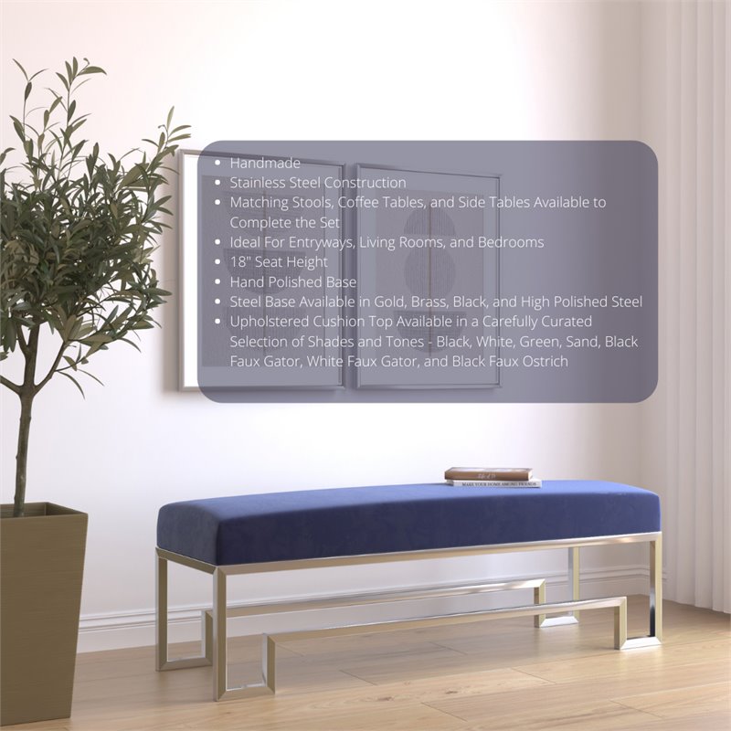 Eden Home Modern Steel and Velvet Bench in Silver and Navy Finish