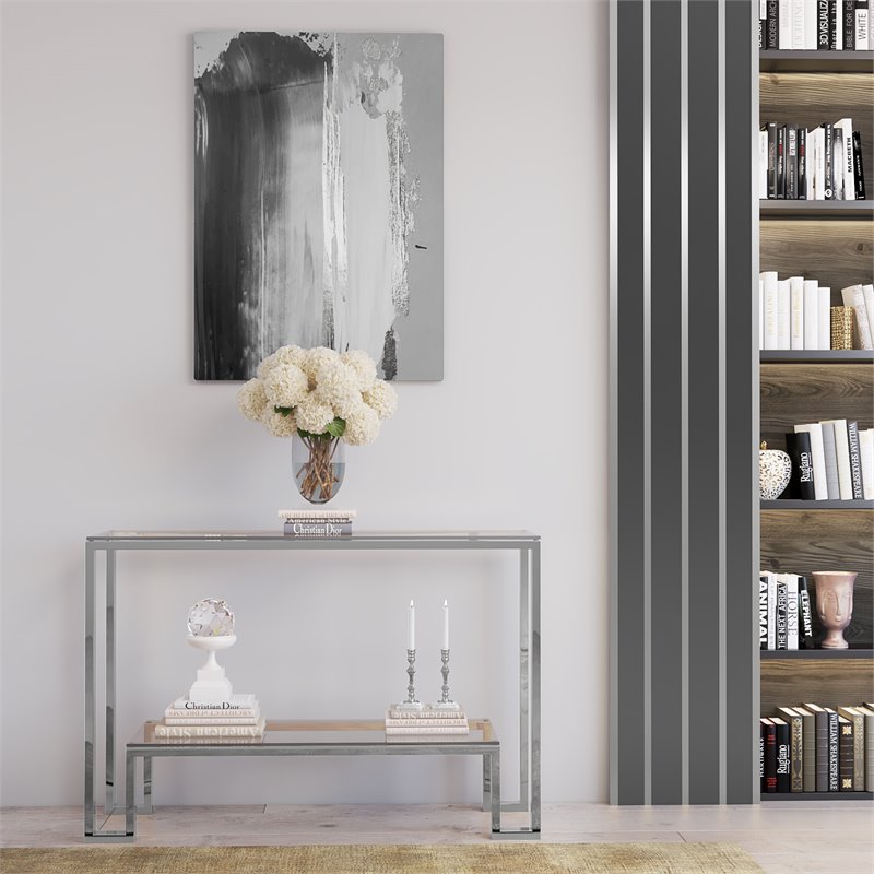 Eden Home Modern Metal Console Table in High Polish Silver Finish