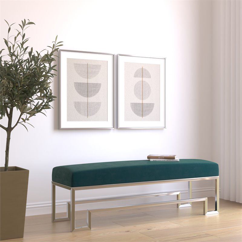 Eden Home Modern Steel and Velvet Bench in Silver and Green Finish
