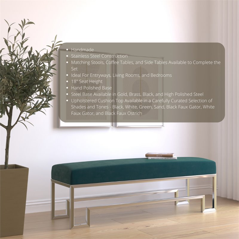 Eden Home Modern Steel and Velvet Bench in Silver and Green Finish