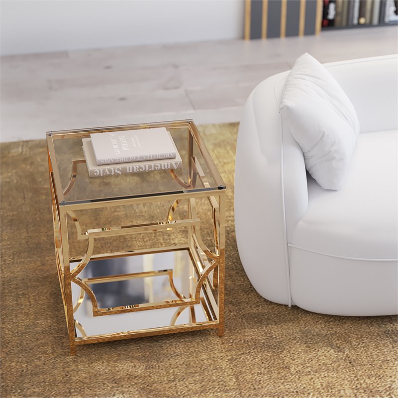 Eden Home Modern Metal/Glass Side Table in High Polish Gold Finish