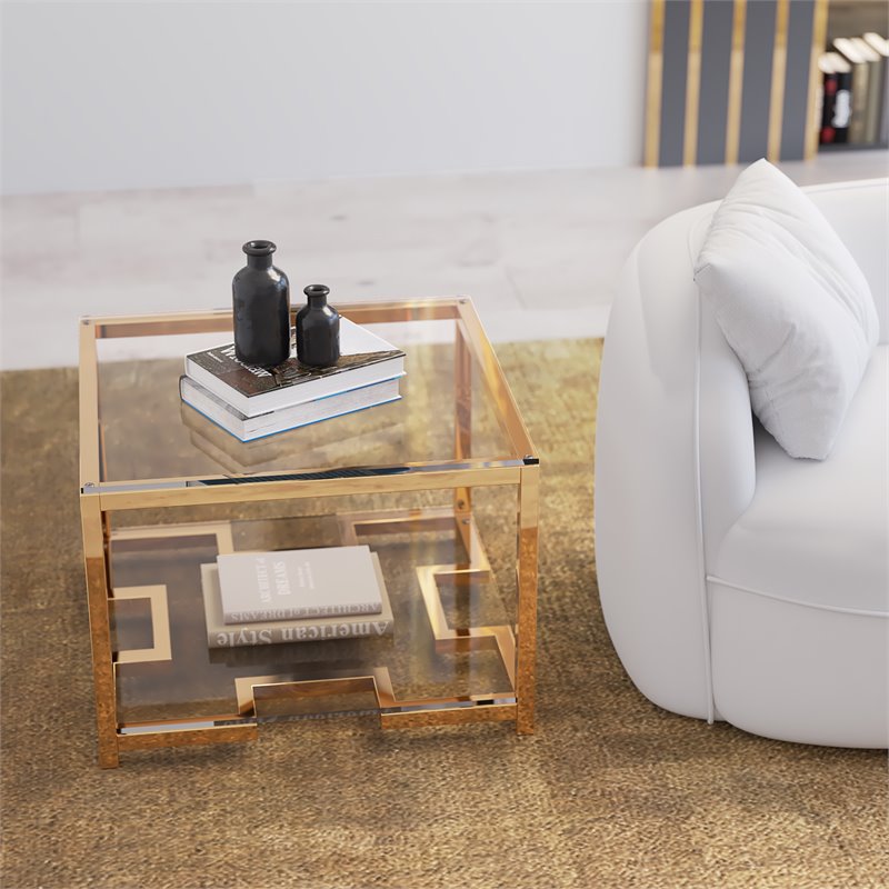 Eden Home Modern Metal/Glass Side Table in High Polish Gold Finish