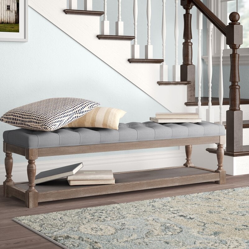 Eden Home Farmhouse Solid Wood and Fabric Bench in Frost Gray Finish