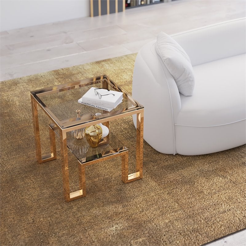 Eden Home Modern Metal and Glass Side Table in High Polish Gold Finish