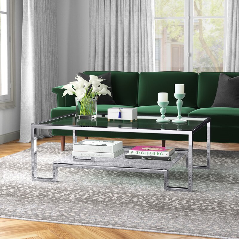 Eden Home Modern Metal-Glass Coffee Table in High Polish Silver Finish