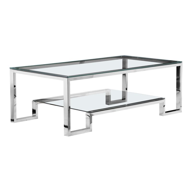 Eden Home Modern Metal-Glass Coffee Table in High Polish Silver Finish
