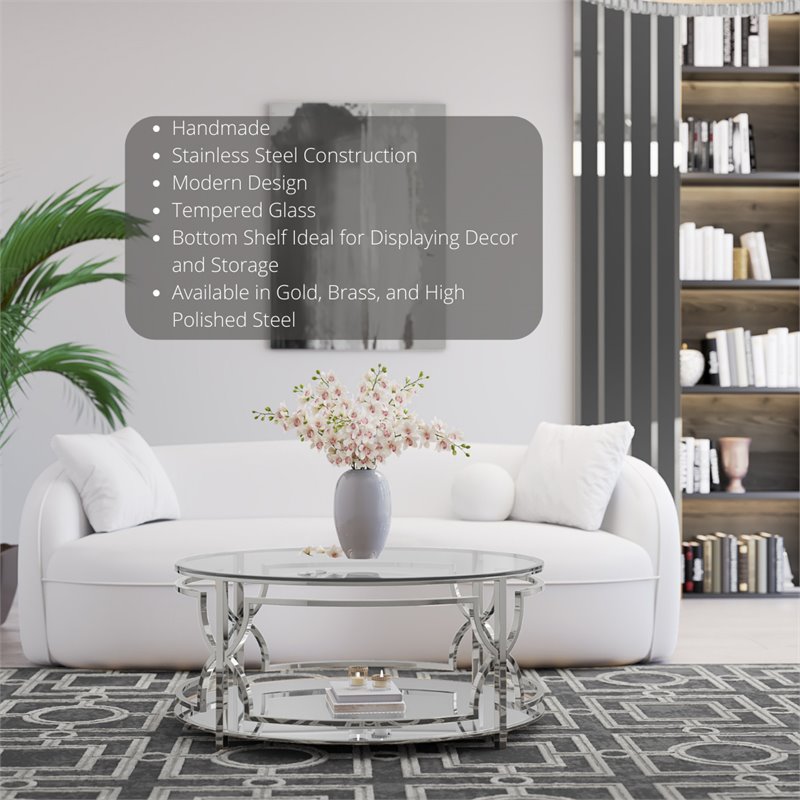 Eden Home Modern Round Metal-Glass Coffee Table in Polish Silver Finish