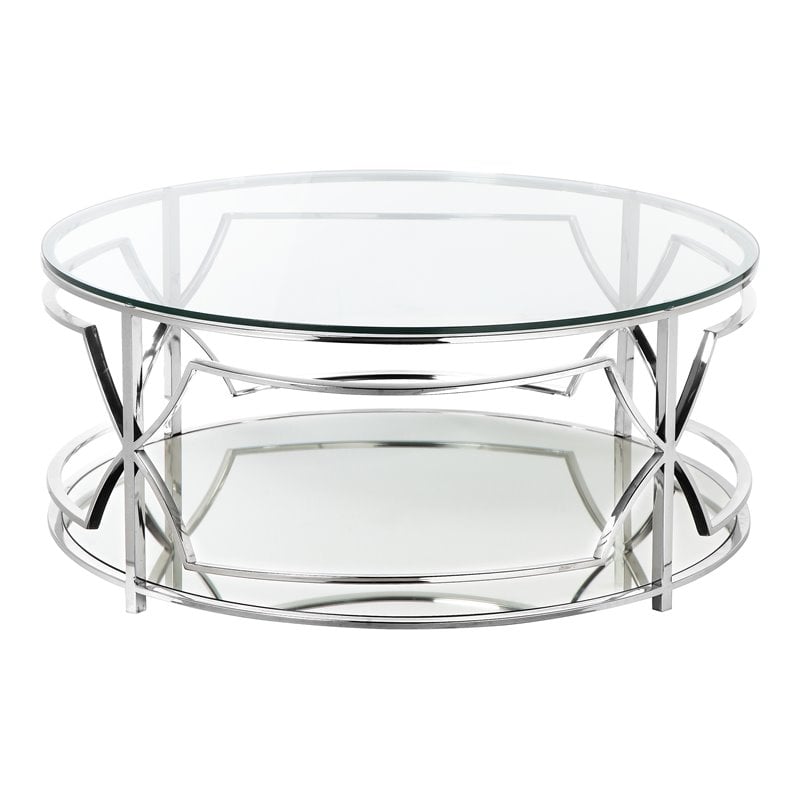 Eden Home Modern Round Metal-Glass Coffee Table in Polish Silver Finish