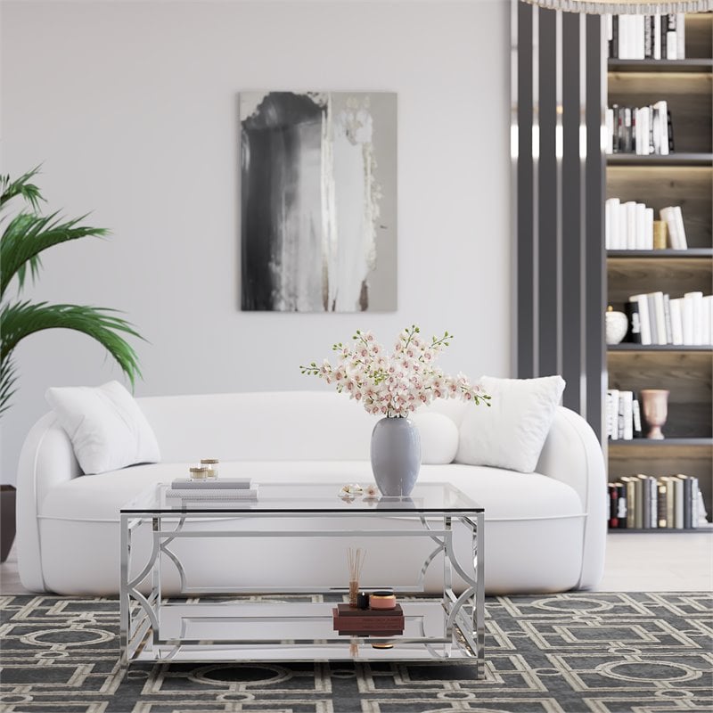 Eden Home Modern Square Metal-Glass Coffee Table in Polish Silver Finish