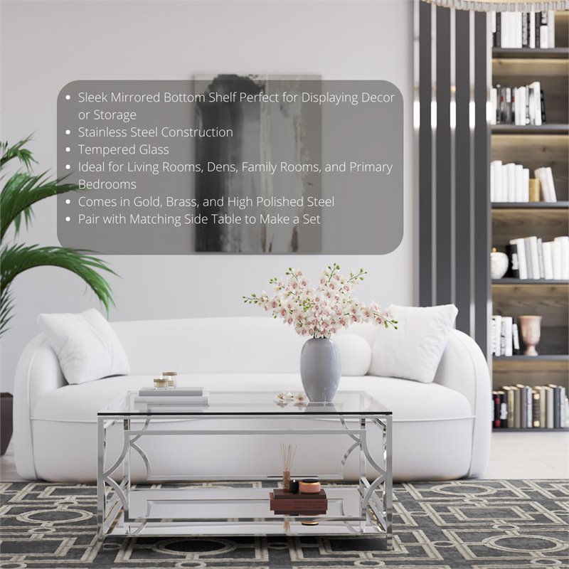 Eden Home Modern Square Metal-Glass Coffee Table in Polish Silver Finish