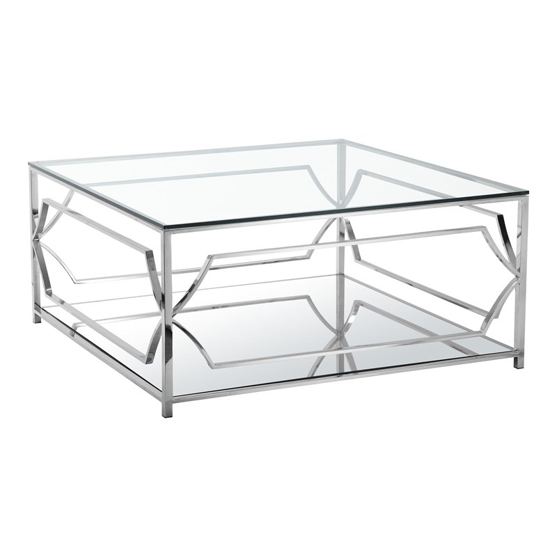 Eden Home Modern Square Metal-Glass Coffee Table in Polish Silver Finish