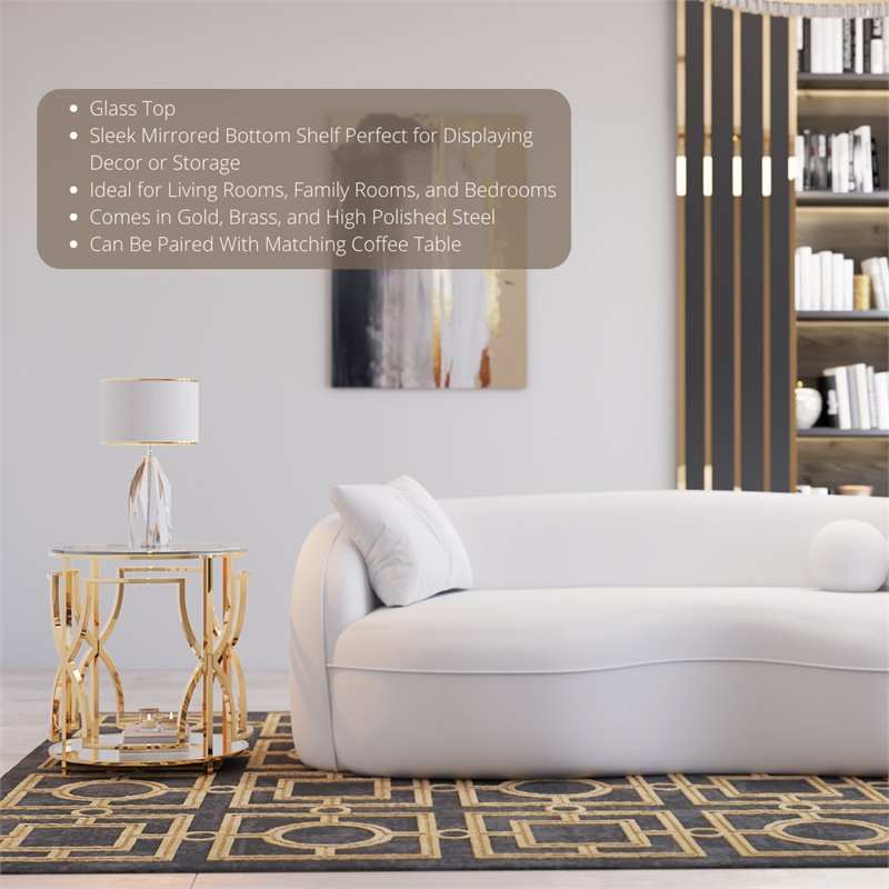 Eden Home Modern Round Metal-Glass Side Table in High Polish Gold Finish