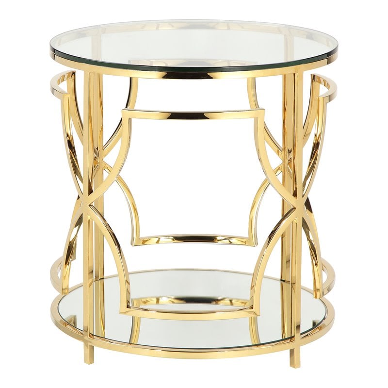 Eden Home Modern Round Metal-Glass Side Table in High Polish Gold Finish