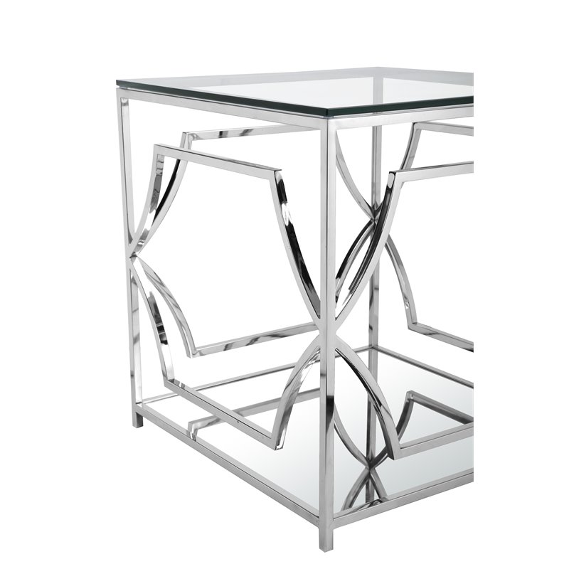 Eden Home Modern Metal and Glass Side Table in High Polish Silver Finish