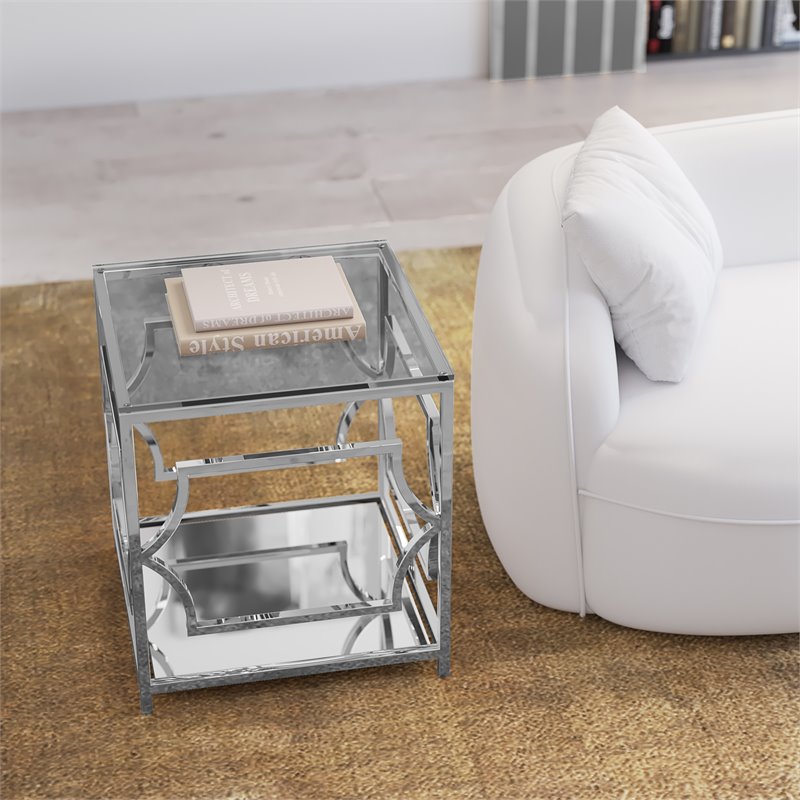 Eden Home Modern Metal and Glass Side Table in High Polish Silver Finish