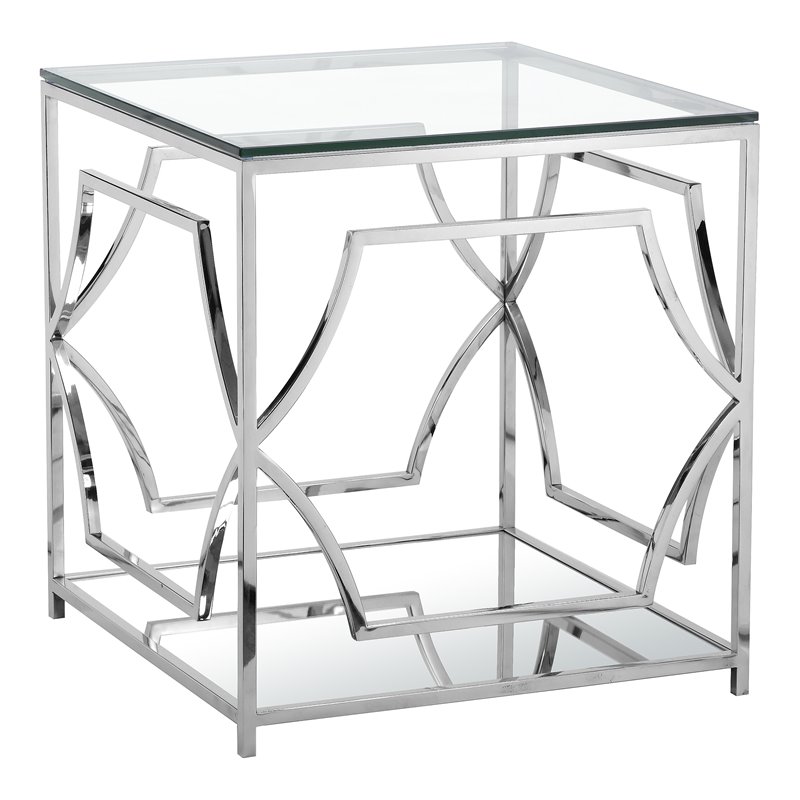 Eden Home Modern Metal and Glass Side Table in High Polish Silver Finish