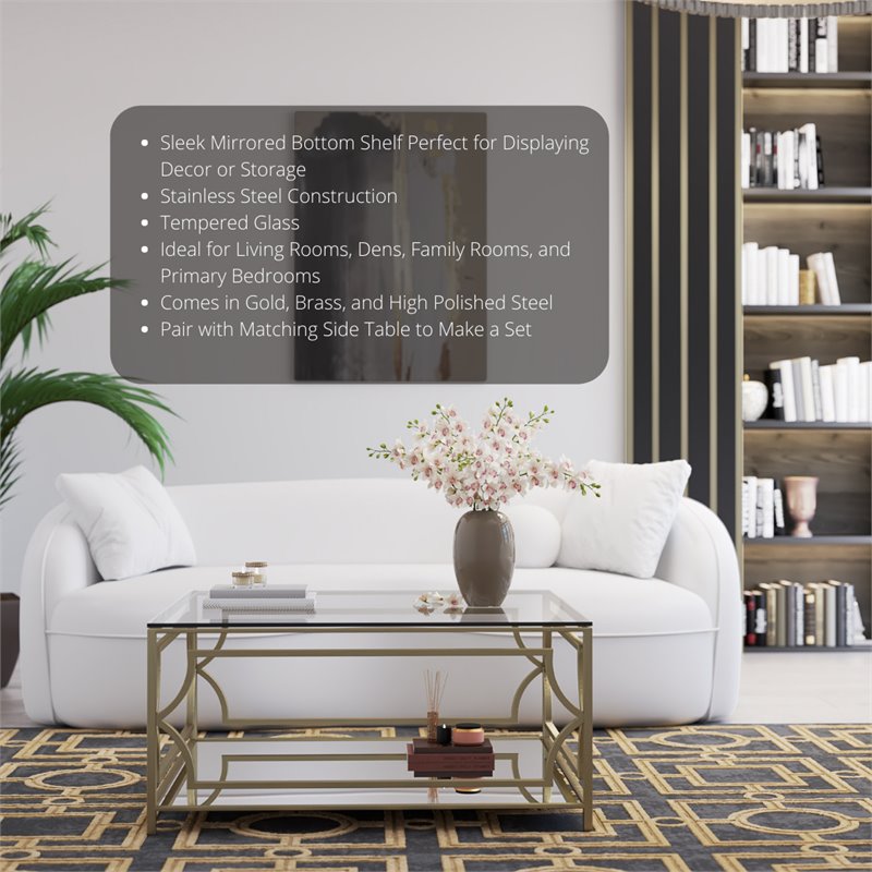 Eden Home Modern Square Metal-Glass Coffee Table in Brushed Brass Finish