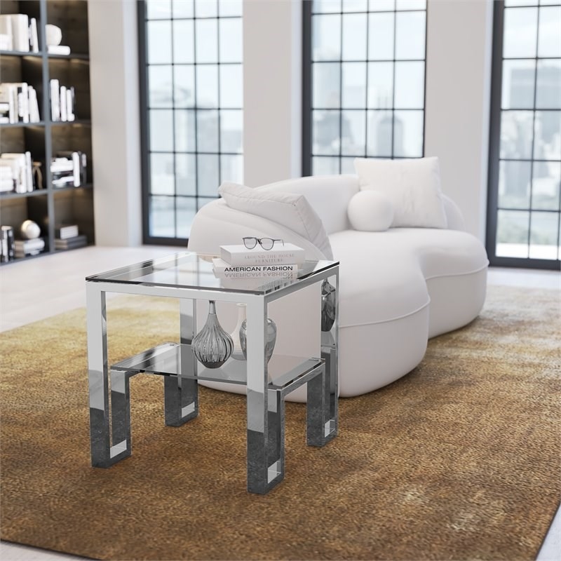 Eden Home Modern Metal and Glass Side Table in High Polish Silver Finish