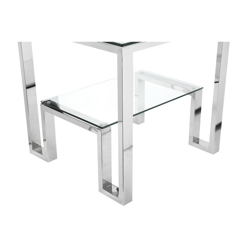 Eden Home Modern Metal and Glass Side Table in High Polish Silver Finish