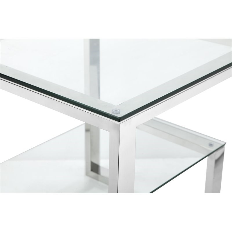 Eden Home Modern Metal and Glass Side Table in High Polish Silver Finish
