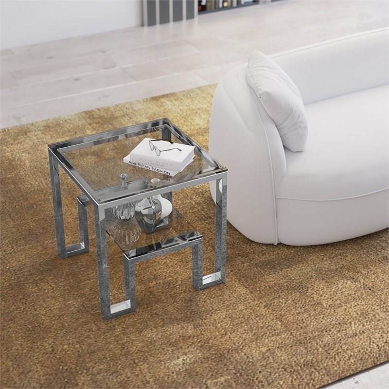 Eden Home Modern Metal and Glass Side Table in High Polish Silver Finish