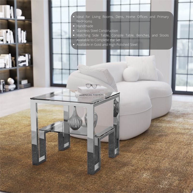 Eden Home Modern Metal and Glass Side Table in High Polish Silver Finish