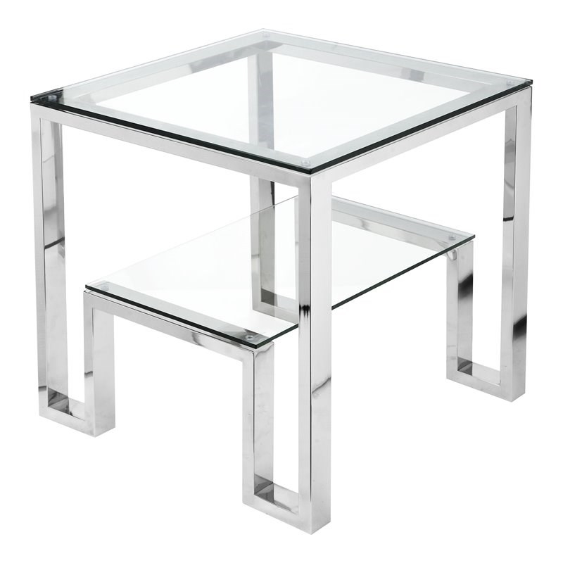 Eden Home Modern Metal and Glass Side Table in High Polish Silver Finish