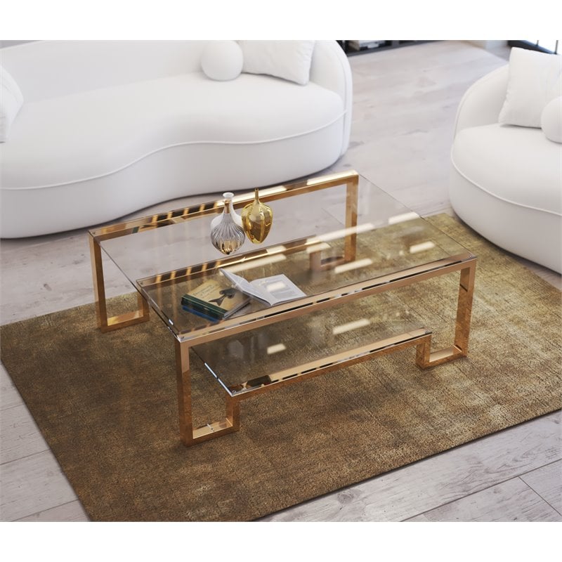 Eden Home Modern Metal and Glass Coffee Table in High Polish Gold Finish