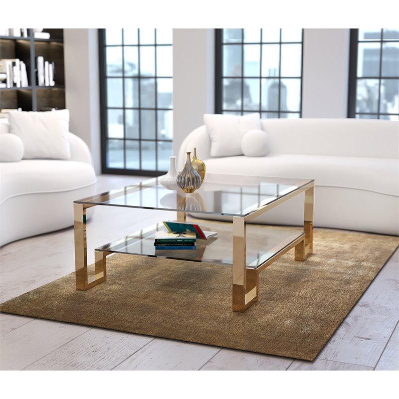 Eden Home Modern Metal and Glass Coffee Table in High Polish Gold Finish