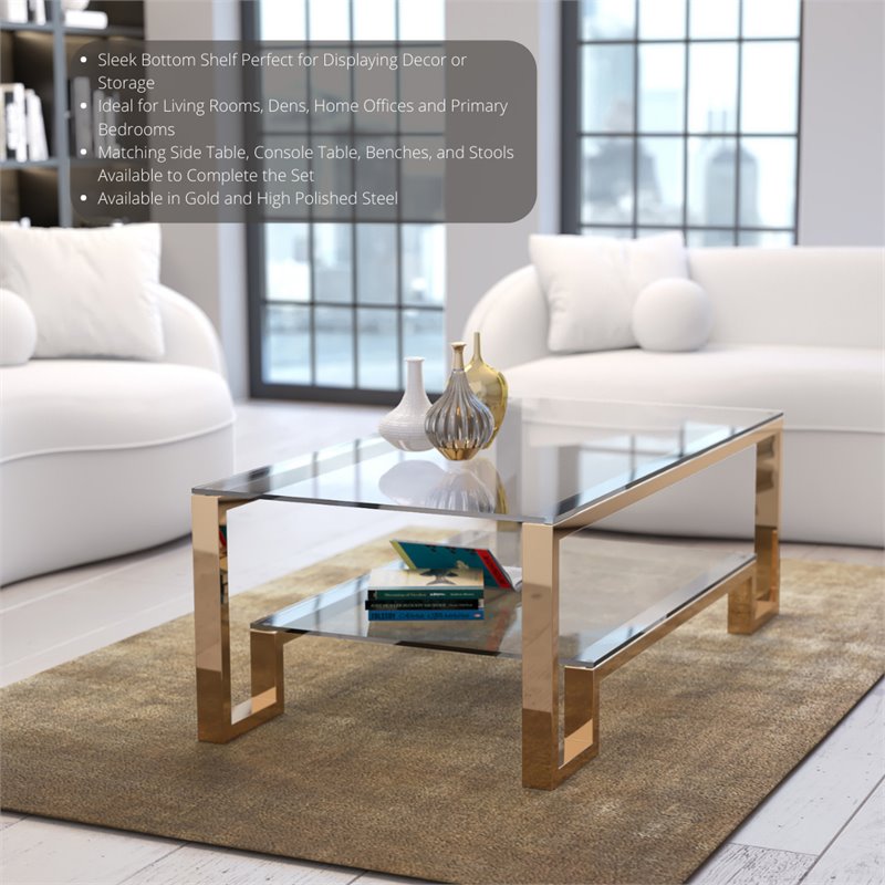 Eden Home Modern Metal and Glass Coffee Table in High Polish Gold Finish