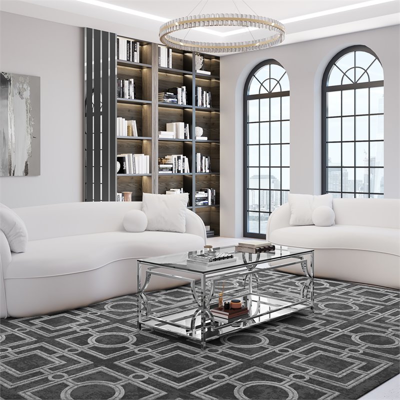 Eden Home Modern Rectangular Metal and Glass Coffee Table in Silver Finish