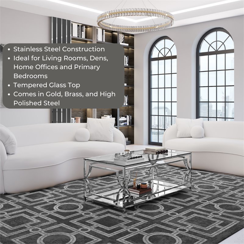 Eden Home Modern Rectangular Metal and Glass Coffee Table in Silver Finish