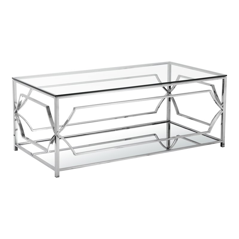 Eden Home Modern Rectangular Metal and Glass Coffee Table in Silver Finish