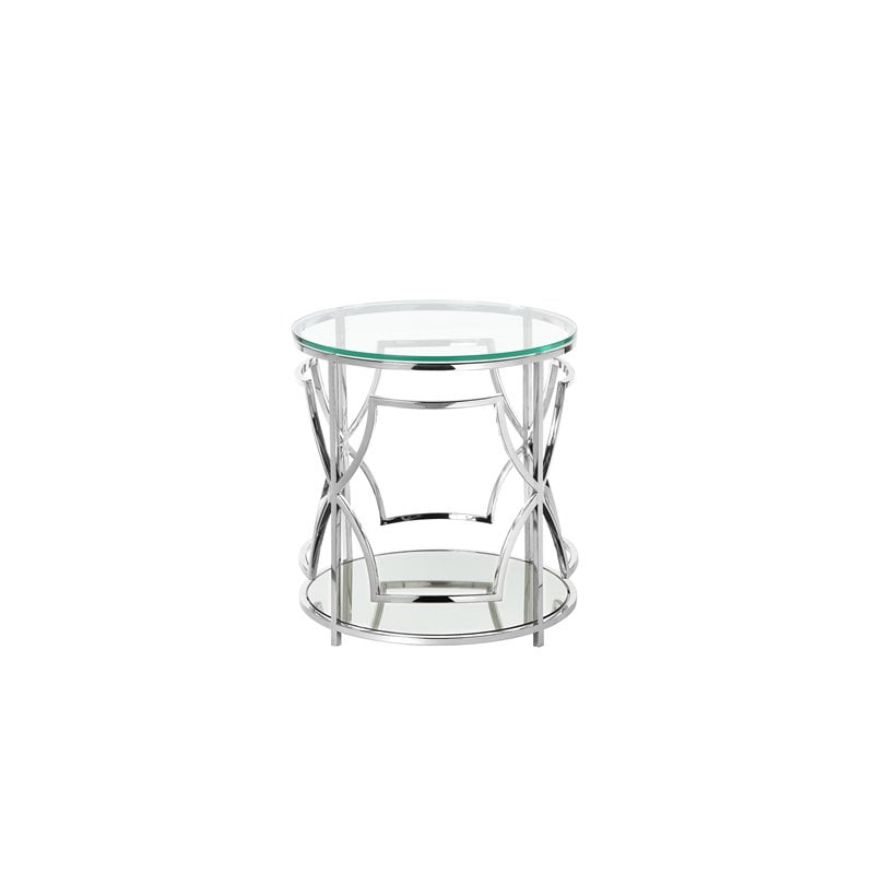 Eden Home Modern Round Metal-Glass Side Table in High Polish Silver Finish