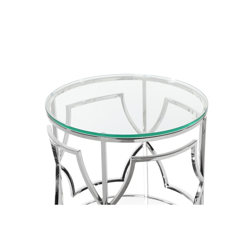 Eden Home Modern Round Metal-Glass Side Table in High Polish Silver Finish