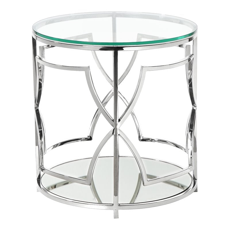 Eden Home Modern Round Metal-Glass Side Table in High Polish Silver Finish