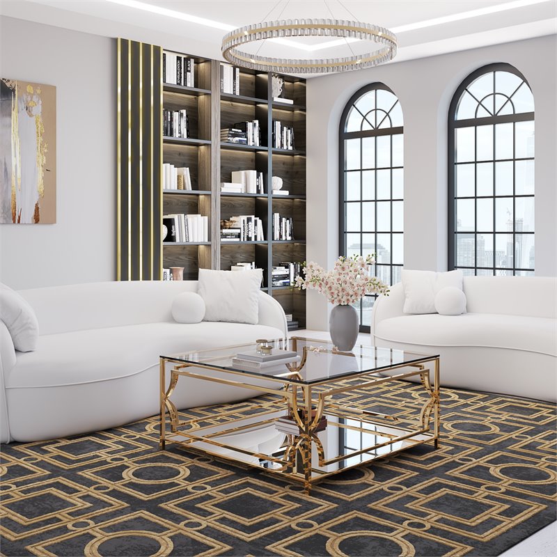 Eden Home Modern Square Metal and Glass Coffee Table in Polish Gold Finish