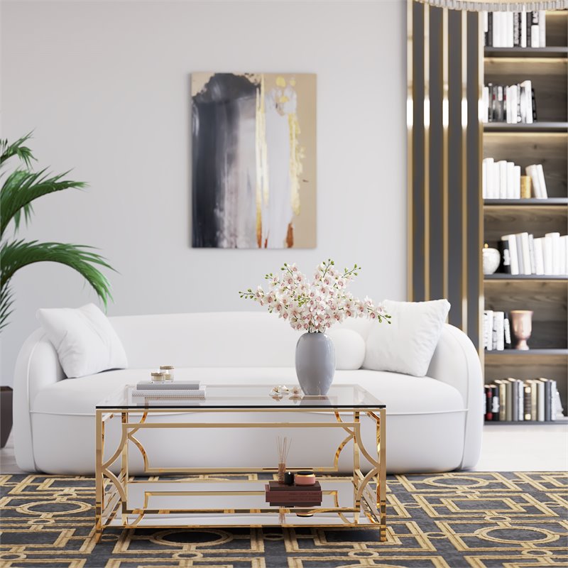 Eden Home Modern Square Metal and Glass Coffee Table in Polish Gold Finish