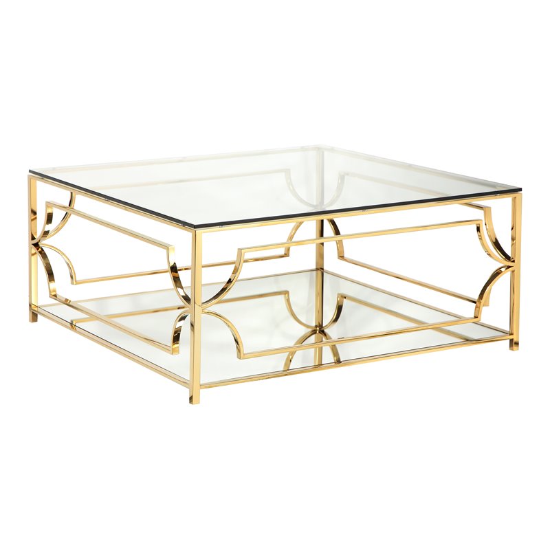 Eden Home Modern Square Metal and Glass Coffee Table in Polish Gold Finish