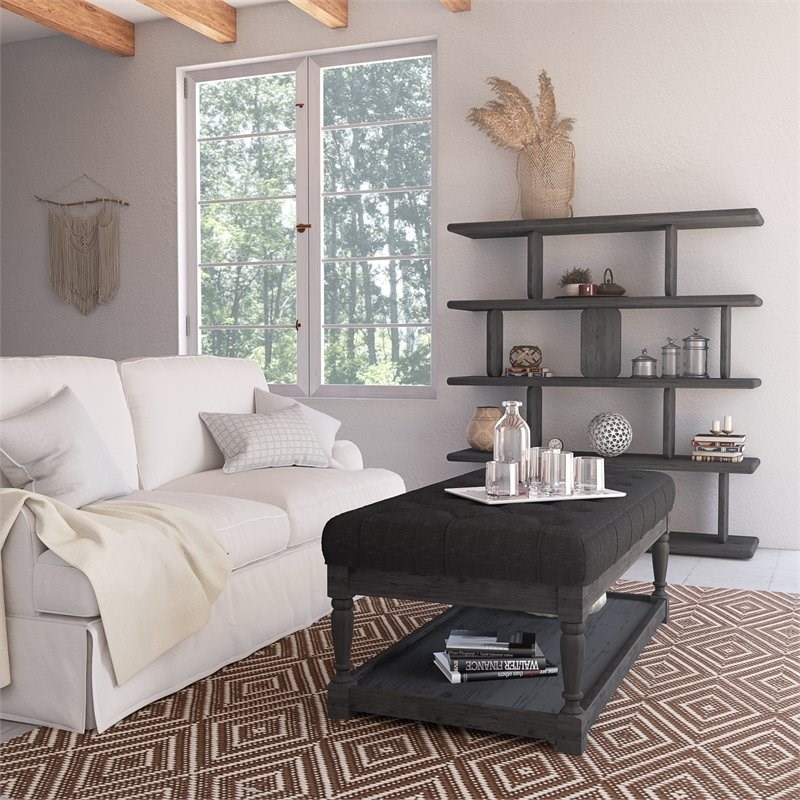 Eden Home Farmhouse Rectangular Fabric and Wood Coffee Table in Black Finish