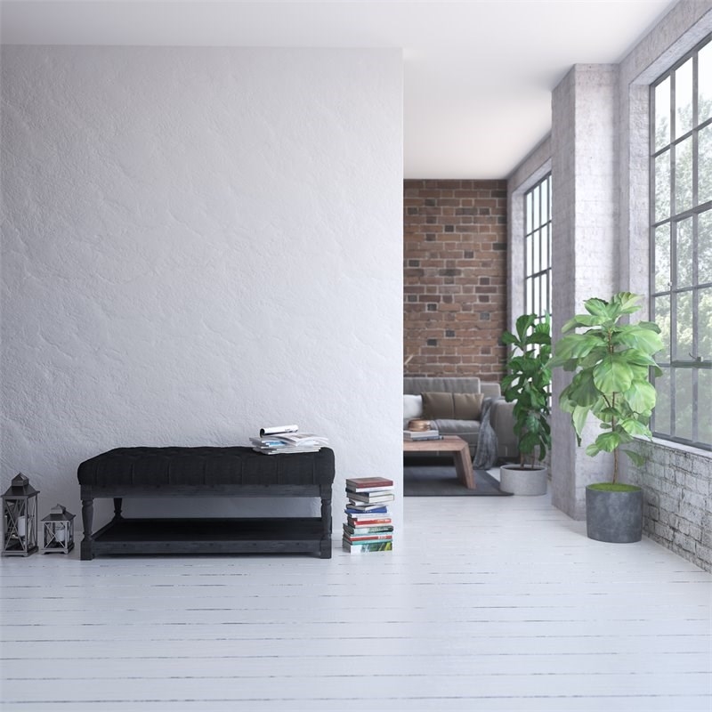 Eden Home Farmhouse Rectangular Fabric and Wood Coffee Table in Black Finish