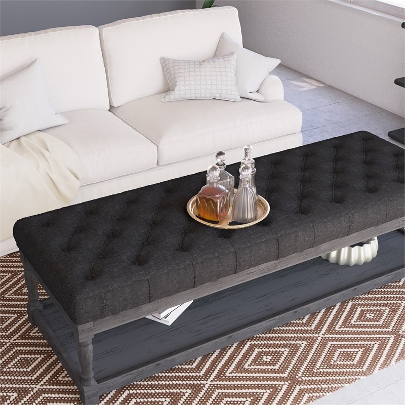 Eden Home Farmhouse Rectangular Fabric and Wood Coffee Table in Black Finish