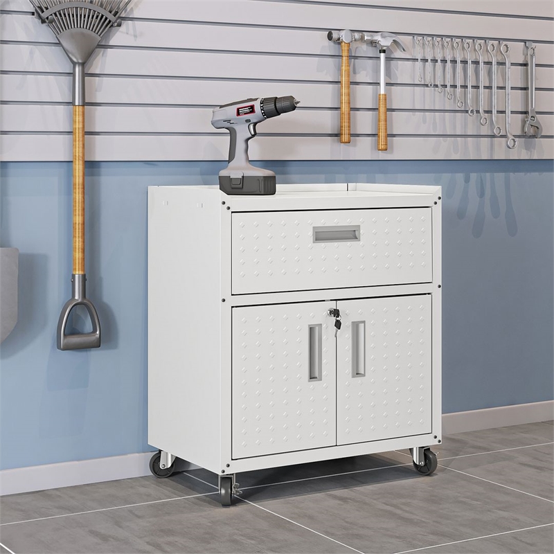 Eden Home Contemporary Wood/Metal Mobile Garage Cabinet in White