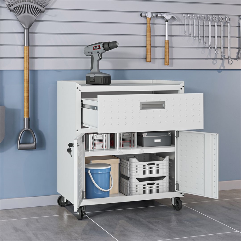 Eden Home Contemporary Wood/Metal Mobile Garage Cabinet in White
