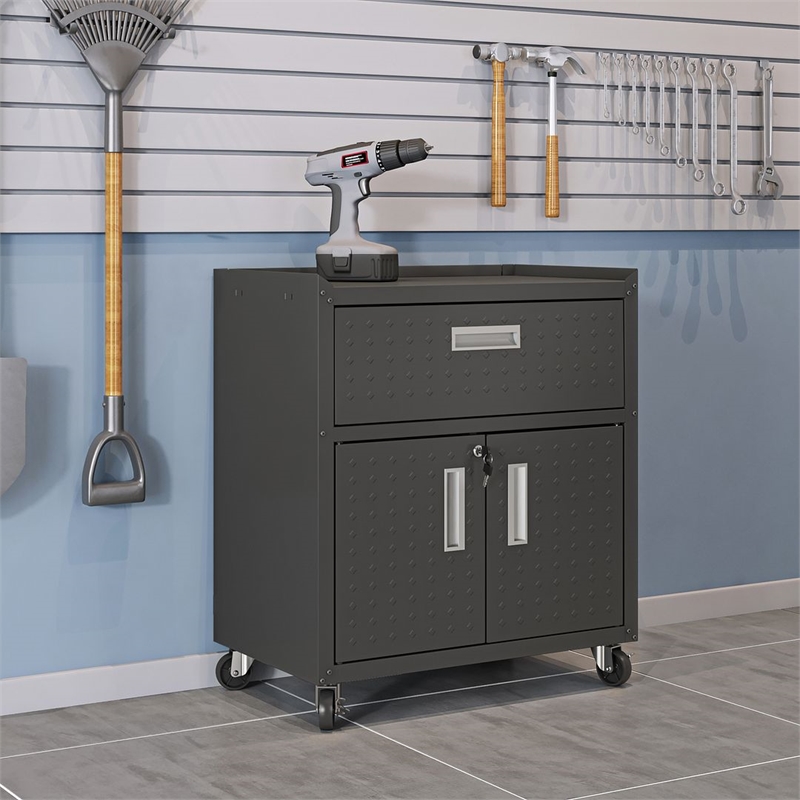 Eden Home Modern Metal Mobile Garage Cabinet with Drawer in Charcoal