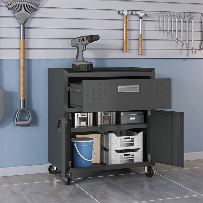 Eden Home Modern Metal Mobile Garage Cabinet with Drawer in Charcoal