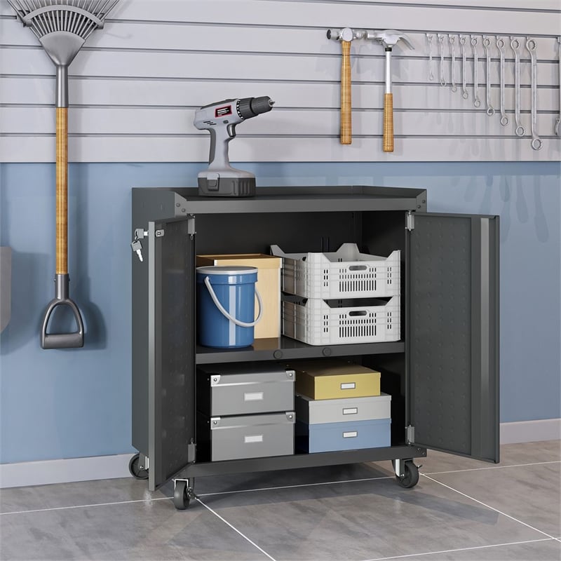 Eden Home Modern Metal Mobile Garage Cabinet with Shelves in Charcoal