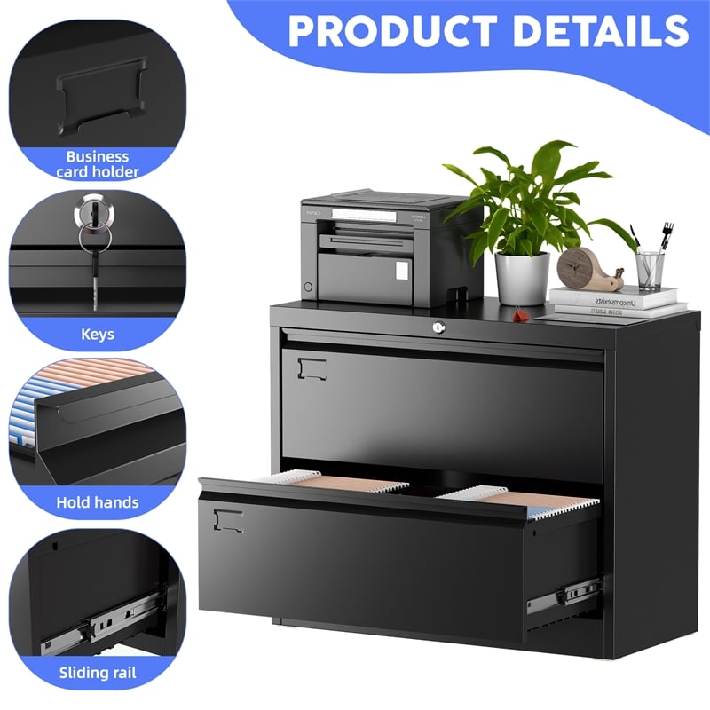 GangMei 2-Drawer Steel Metal Lateral Locking Filing Cabinet with Lock in Black
